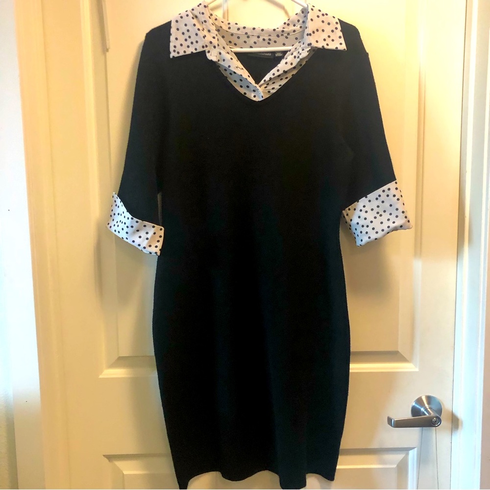 Black knit stretchy, fitted Nina Leonard dress w/collar in polka dots. Work dres